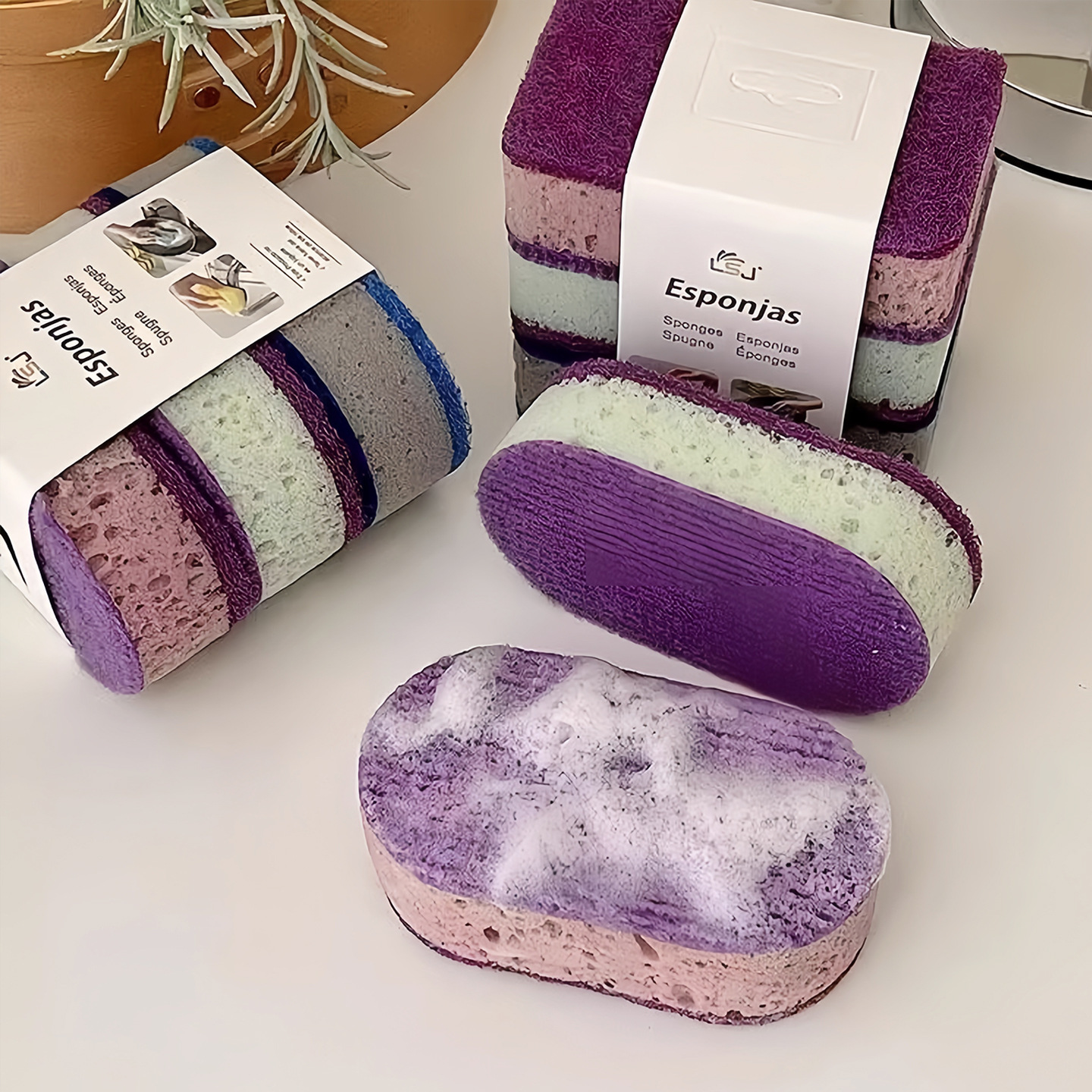 2026 thickened high-density dishwashing sponge brush, three-piece set; double-sided kitchen scouring pad and dishwashing sponge