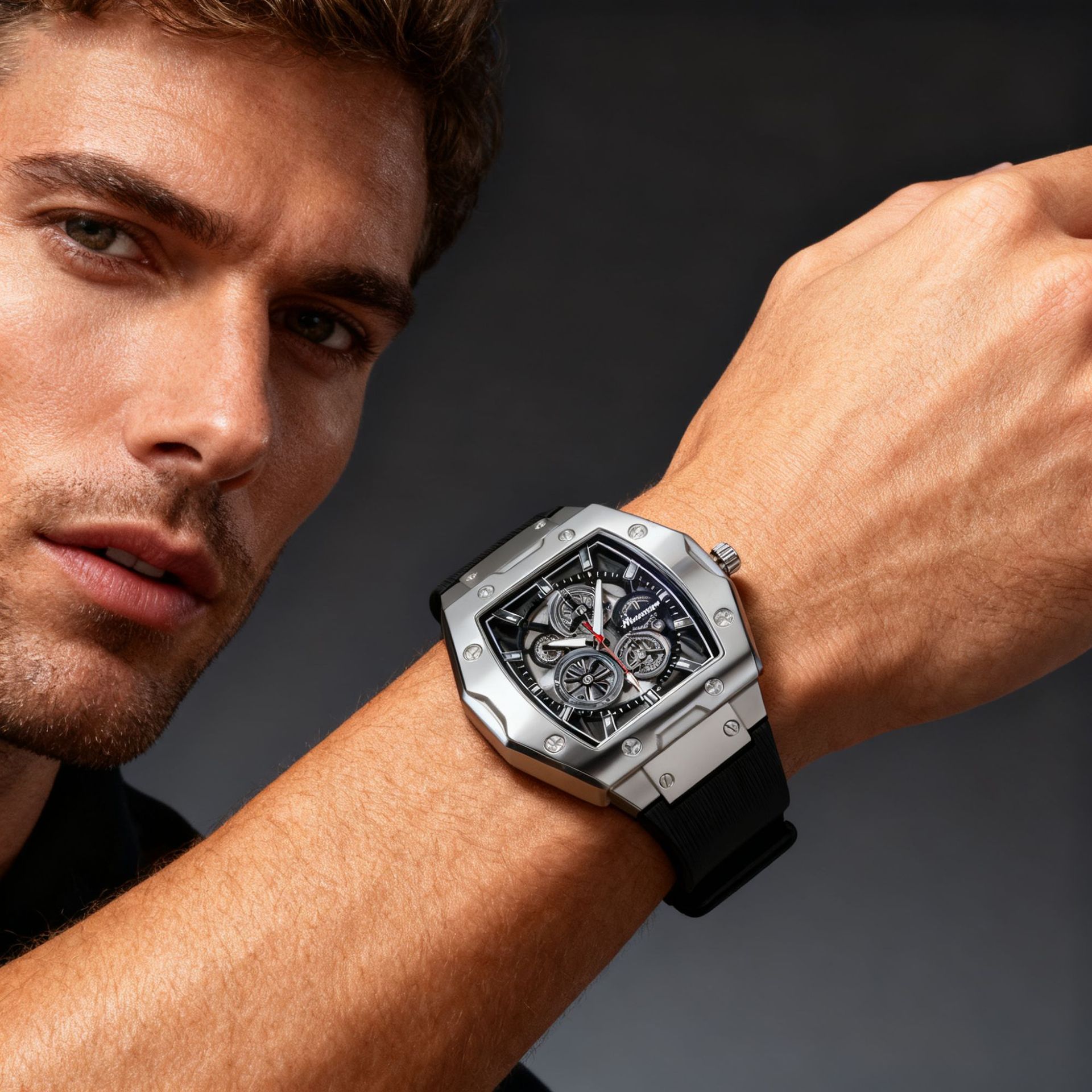 New Imported Men's Barrel-Shaped Watch with Skeleton Dial, Non-Mechanical, Silicone Strap—Trendy, Cool, and Business-Appropriate Quartz Watch