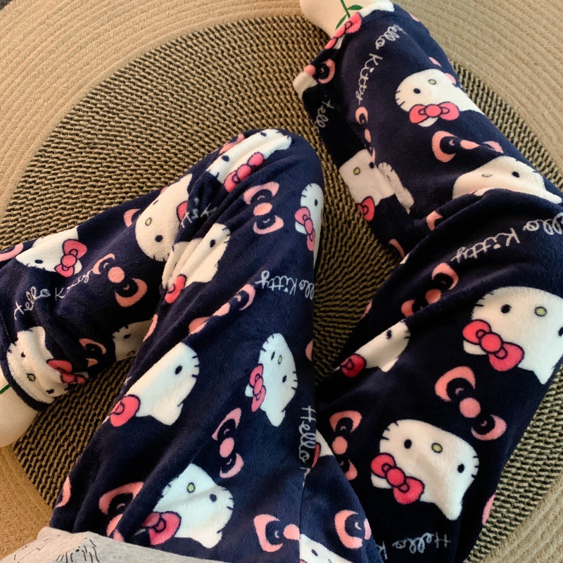 Cute Cartoon Hello Kitty Sleep Pants, Women’s Autumn/Winter Flannel Coral Fleece Sleep Pants, Casual Home Wear for Strolling Outdoors