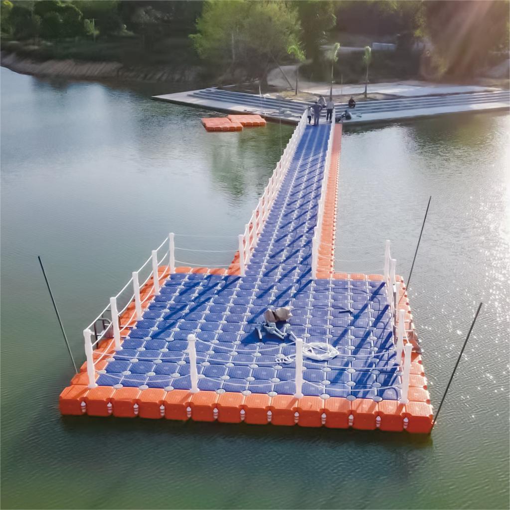 Plastic floats, floating docks on the water platforms, fishing rafts, yacht docks, and motorboat mooring spots
