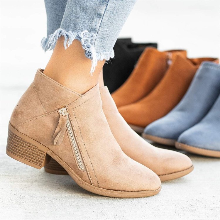 Boot standalone store, chunky-heel zip-up ankle boots for women, suede, foreign trade, Wish new style, side‑zip, plus sizes, women’s shoes, low‑cut Martin boots