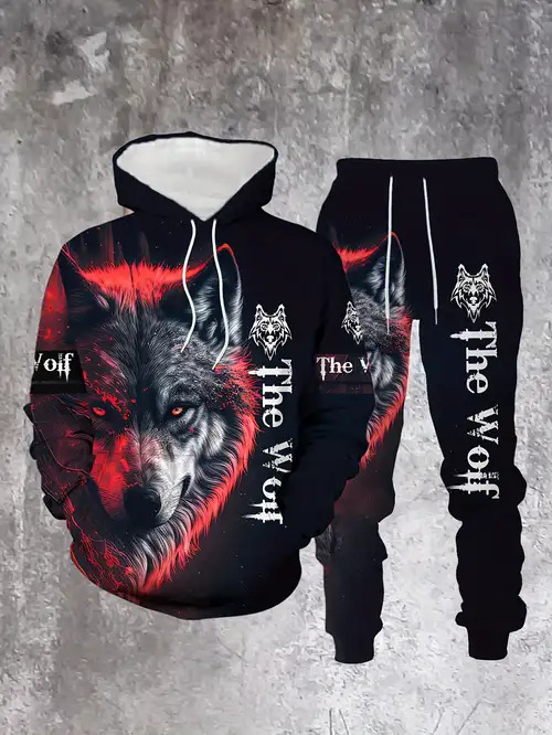 Cross-Border New Spring/Autumn Fashion Animal Wolf-Print Hoodie and Sweatpants Casual Streetwear Hoodie Set for Men