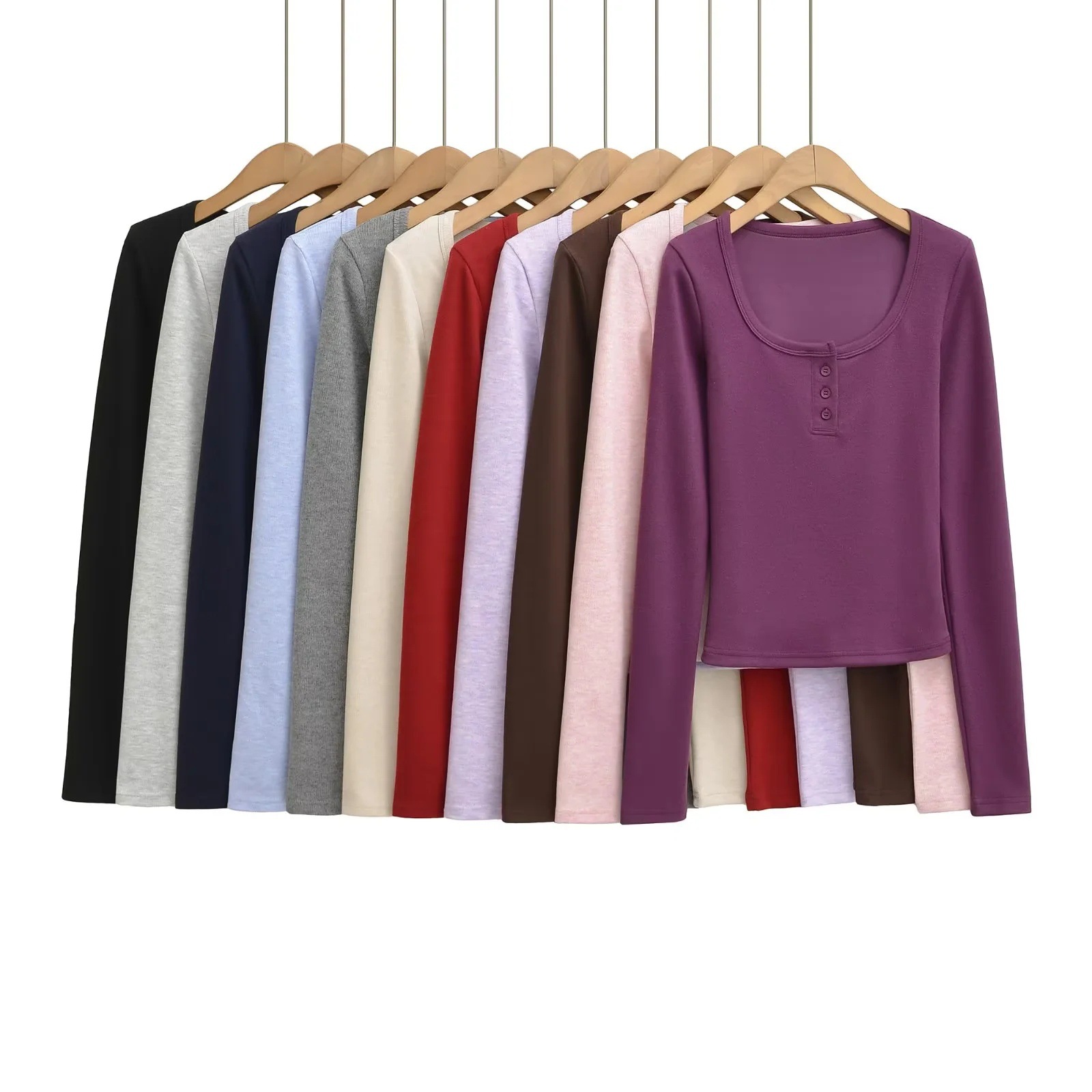Pure-youthful low-round-neck single-breasted slim-fit long-sleeve base shirt for women—high-waisted, cropped, off-shoulder T-shirt for spring/autumn.