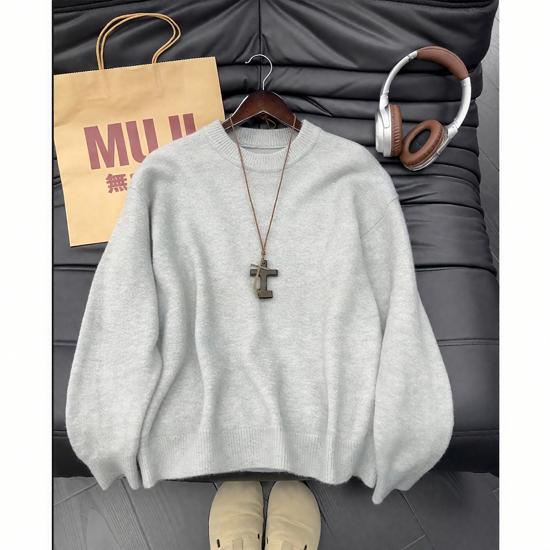 Cross‑border Japanese‑style bestseller, hot sale: Cleanfit light gray round‑neck sweater, men’s autumn/winter American‑style premium knitwear