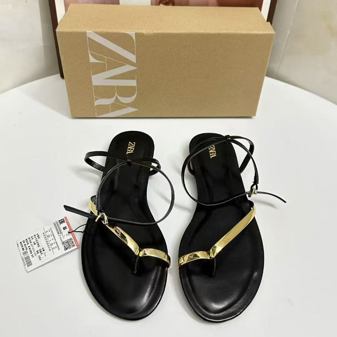 ZA2025 European and American Autumn New Women’s Shoes, Black Flat Stiletto Sandals with Decorative Straps and Metal Accessories, Flip-Flop Style