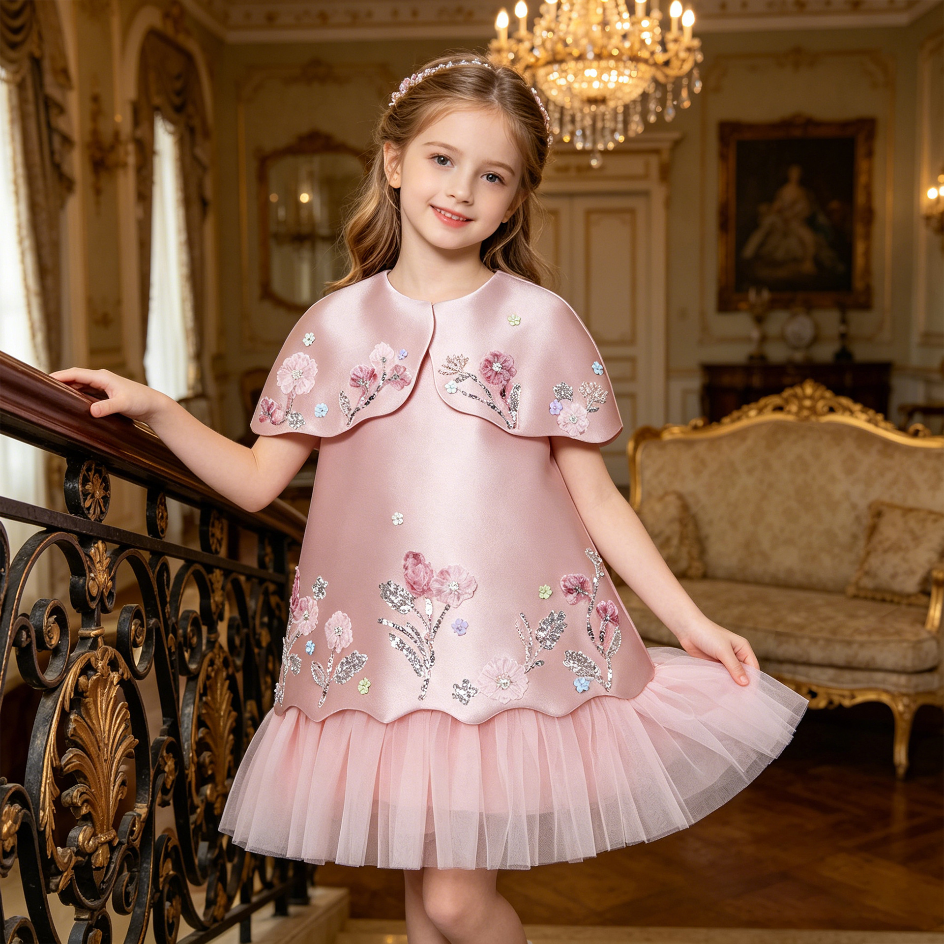 Chanel-Style Dress, Autumn/Winter Elegant 3D Floral Vest Dress, Princess Dress with Doll Collar, Western-Style Cake Dress for Children