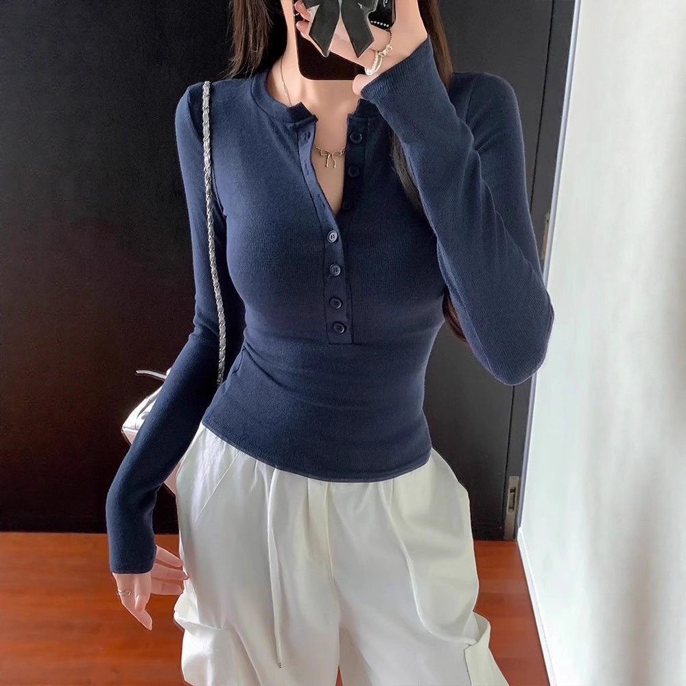 Sexy purity buttons purity long sleeves T-shirt women spring and autumn V collar dress up slim bottomed top women T cross-border