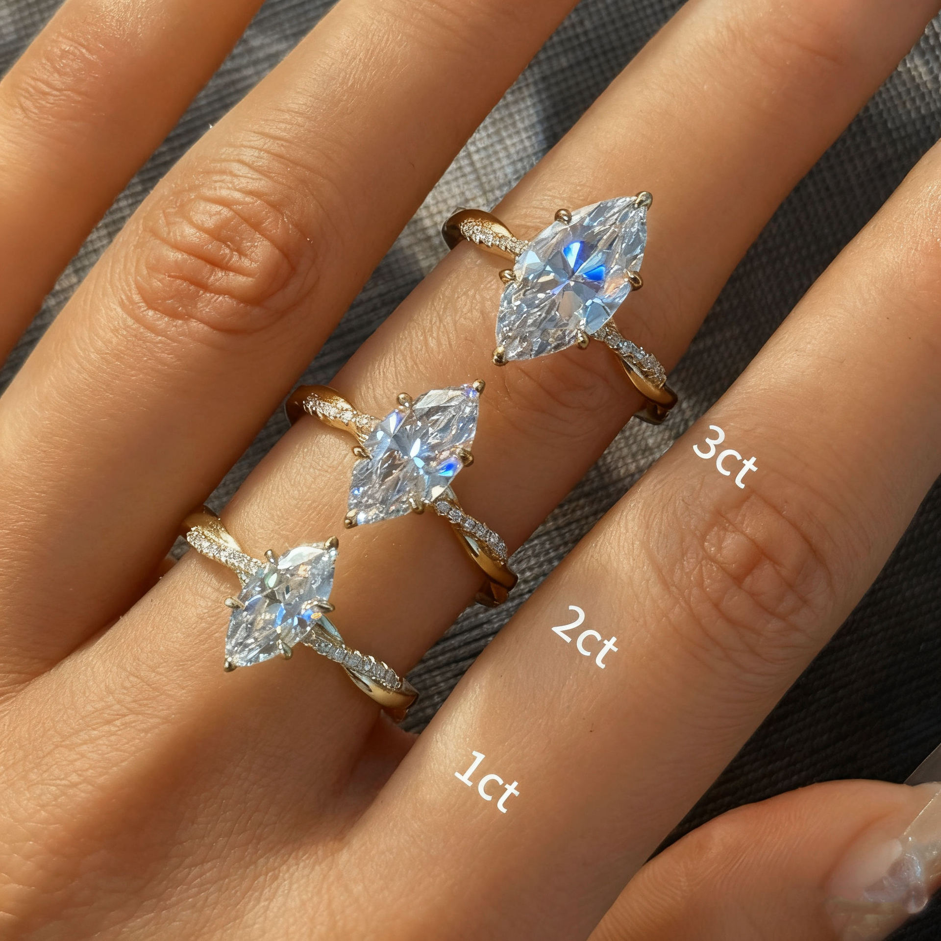 Affordable luxury S925 sterling silver ring plated with 18k gold, featuring moissanite; cross-border fashion wedding ring with certificate, available in 1/2/3 carats and marquise-cut design.