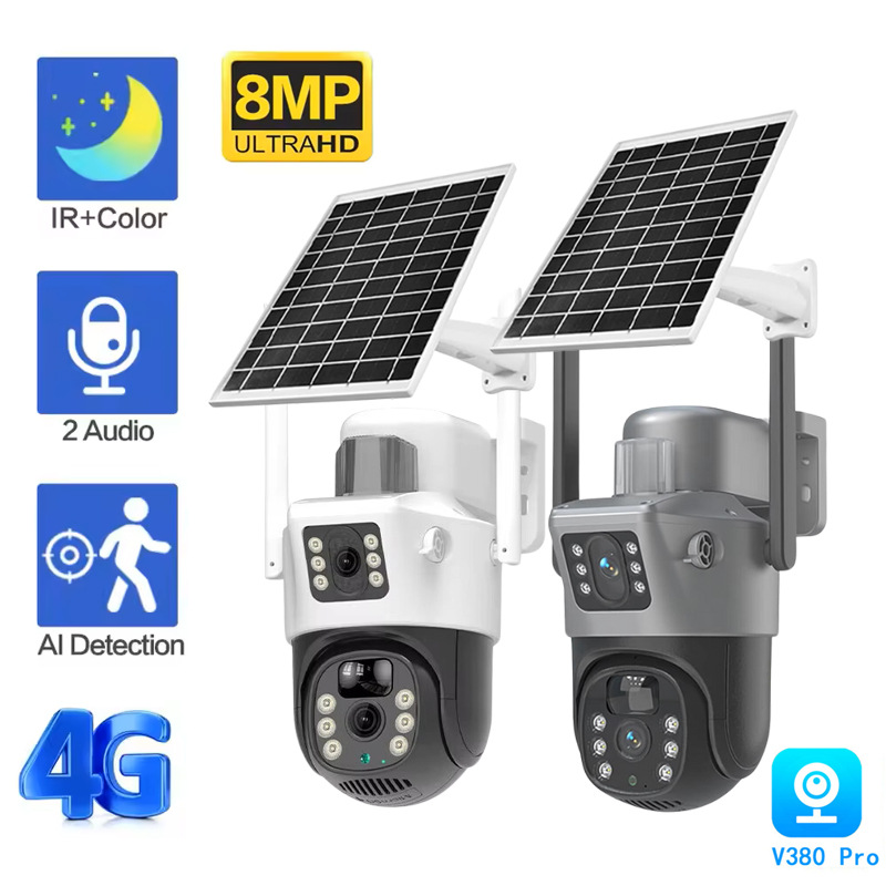 V380 Solar-Powered CCTV Camera, Wireless Wi‑Fi, Outdoor Waterproof Bullet & Dome Design, Mobile Remote Monitoring via 4G